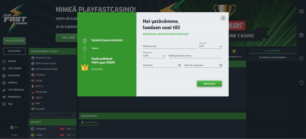 PlayFast Casino tilin avaaminen