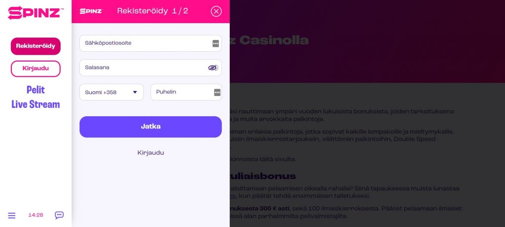 Spinz Casino rekisteröityminen