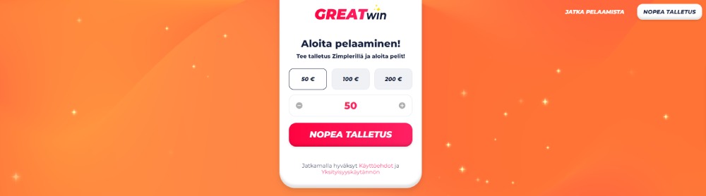 GreatWin Casino nopea talletus