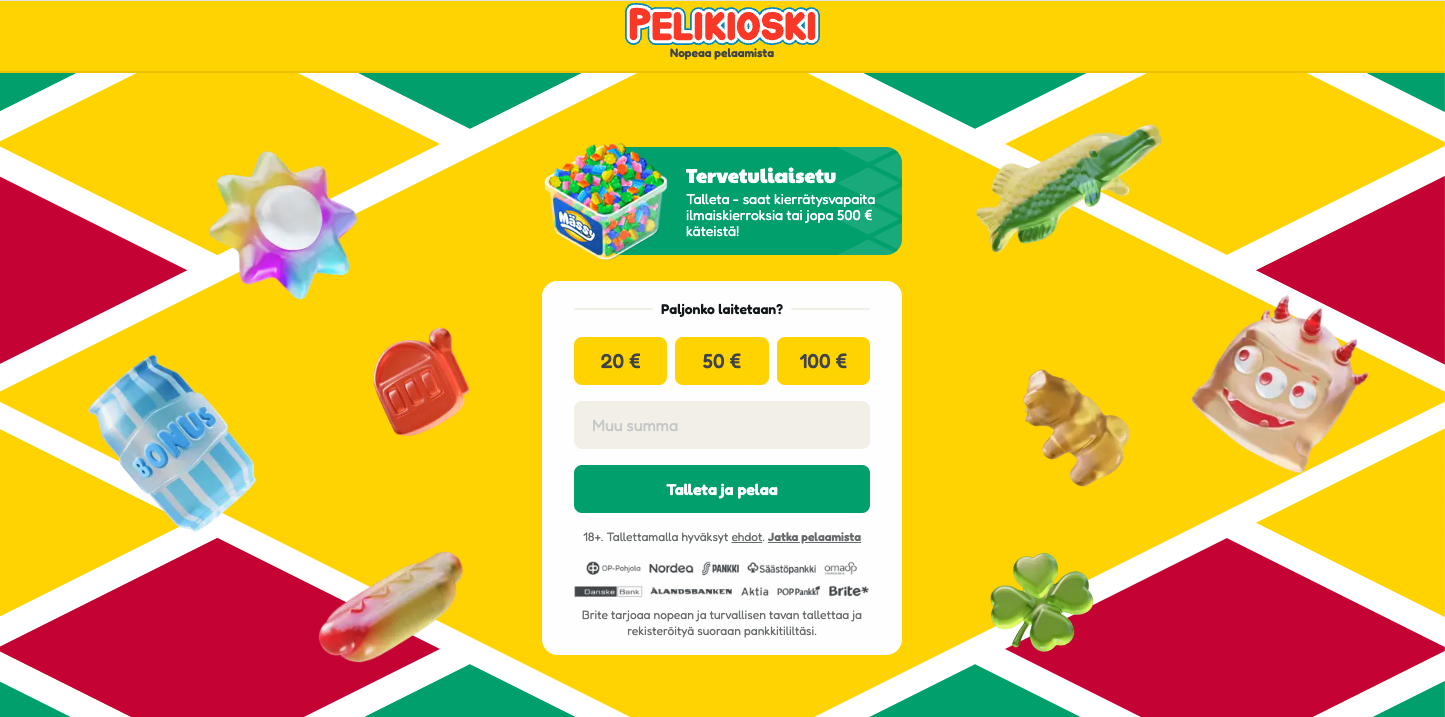 kuvakaappaus pelikioski nettikasinon etusivun talletusnäkymästä ja tervetuliaisedusta